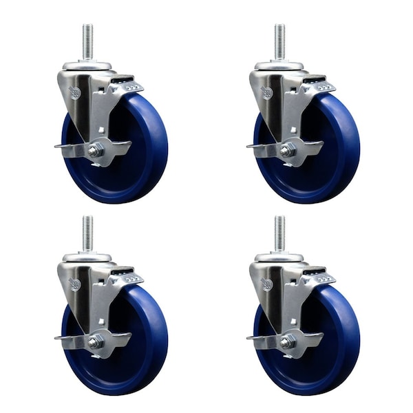 5 Inch Solid Polyurethane Wheel Swivel 34 Inch Threaded Stem Caster Set with Brake SCC